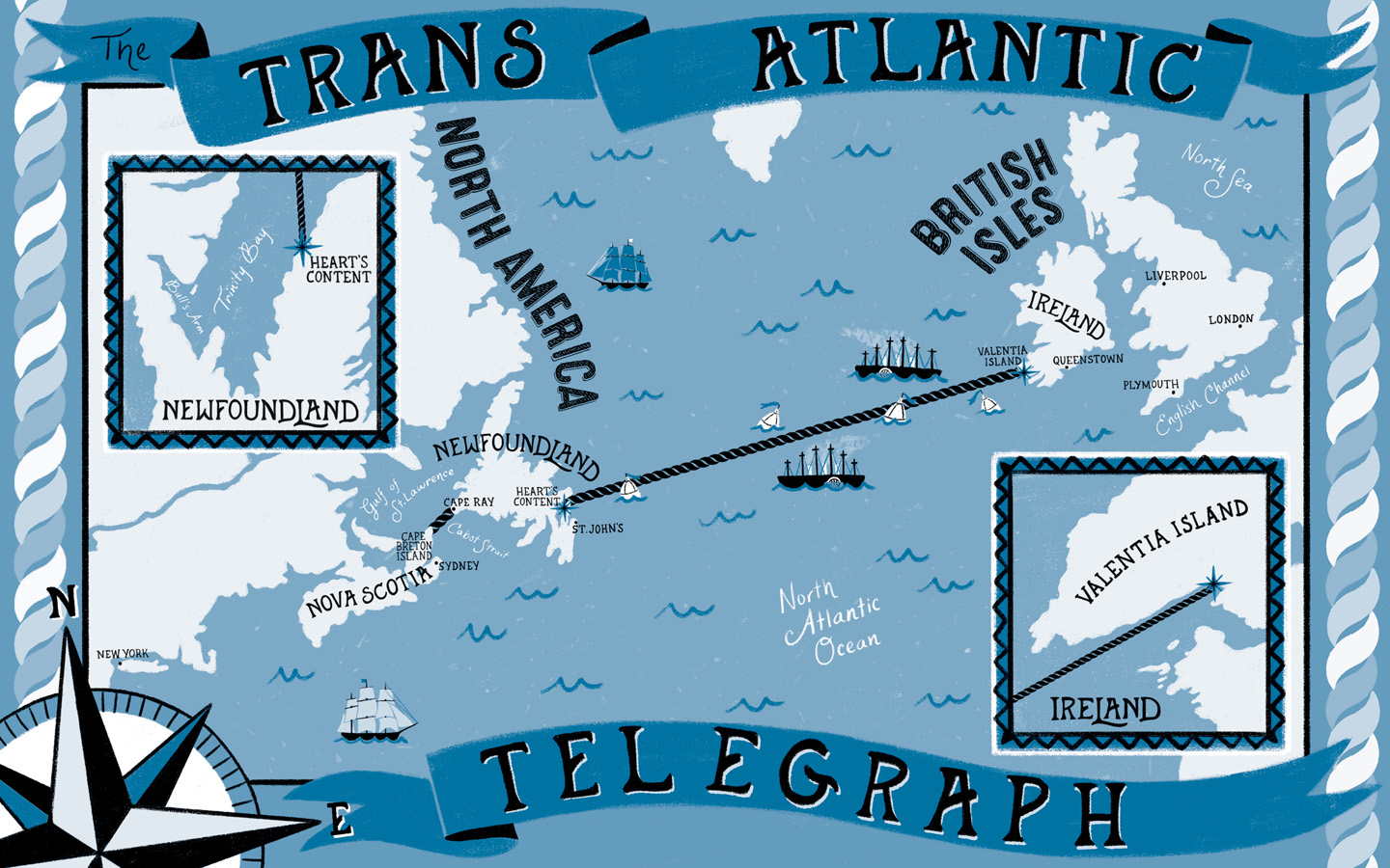 Map of North Atlantic Ocean, showing cable route